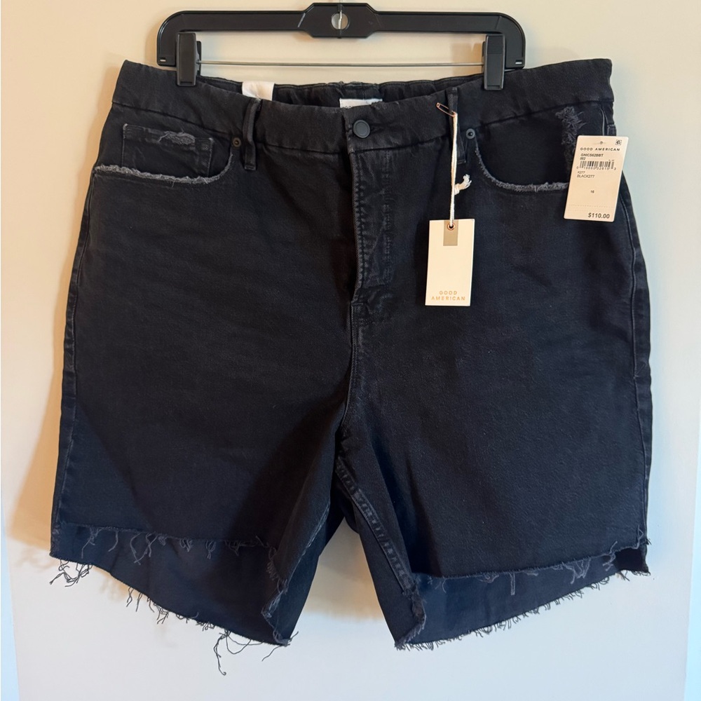 GOOD AMERICAN Black Denim Cutoff Shorts - Raw Hem Size 16 - NEVER WORN WITH TAGS